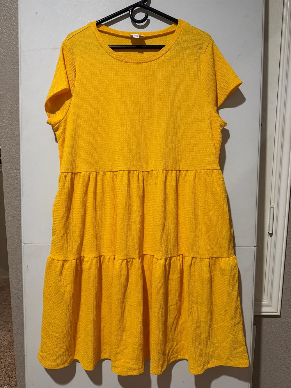 LuLaRoe Ariel Waffle Crepe Bright Yellow Tiered Midi Dress